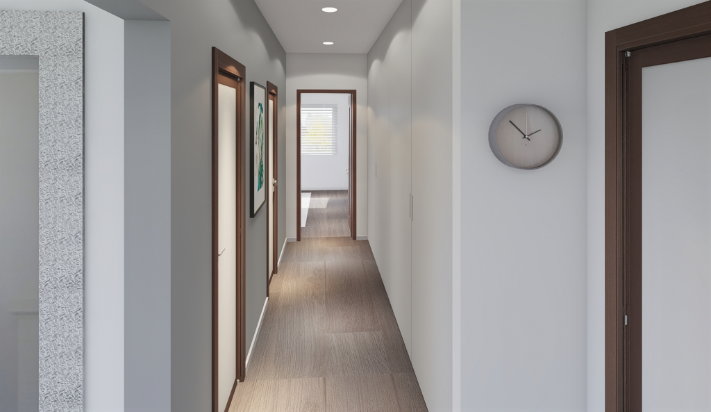 dřevostavba Easy 89 interiér vizualizace chodba