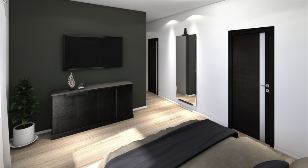 patrová dřevostavba EASY 139 interiér inspirace ložnice s TV