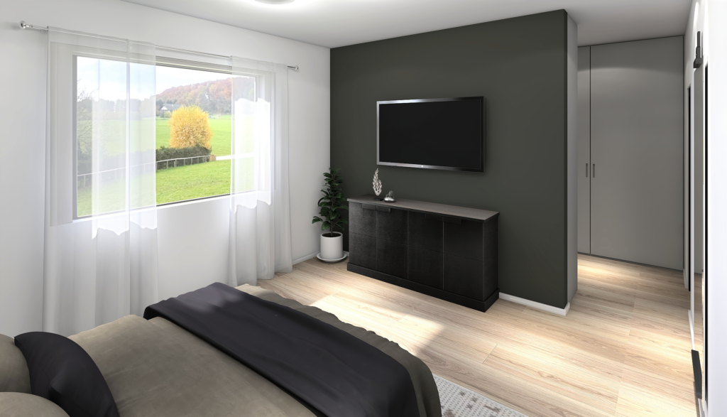 patrová dřevostavba EASY 139 interiér ložnice s TV