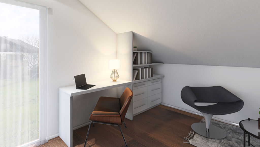 Patrová dřevostavba EASY 102 interiér moderní pracovna