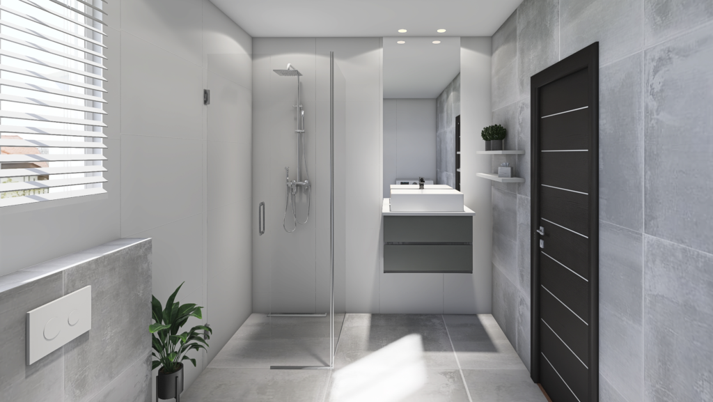 Patrová dřevostavba Easy 102 interiér moderní koupelna