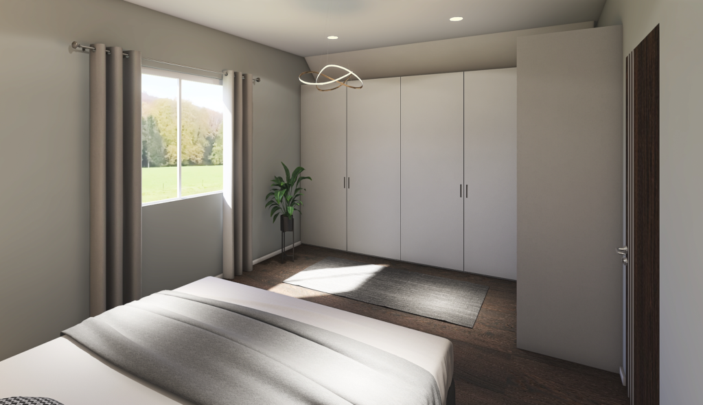 Dřevostavba Easy 54 moderní interiér ložnice