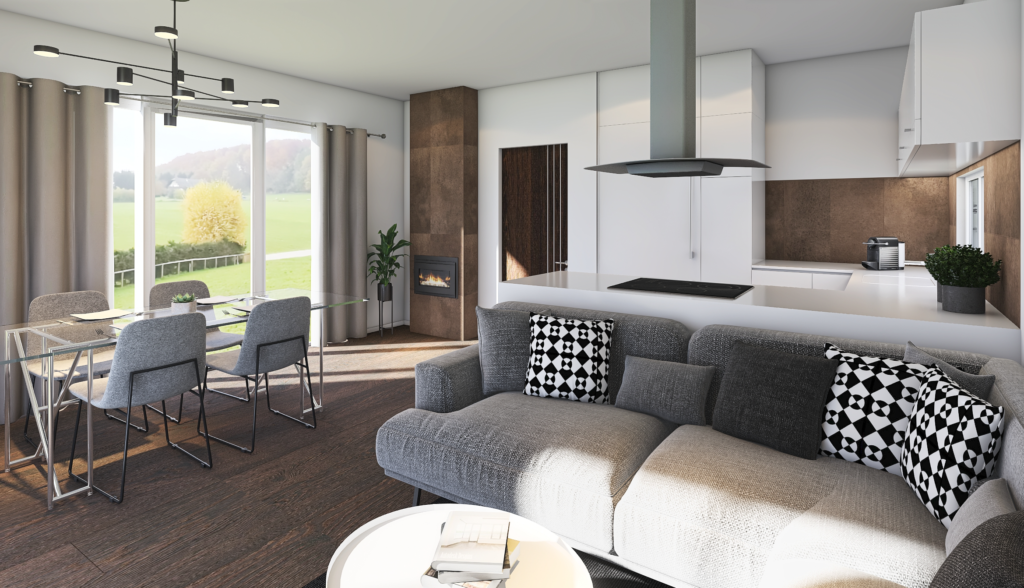 dřevostavba Easy 54 interiér moderní obývací pokoj