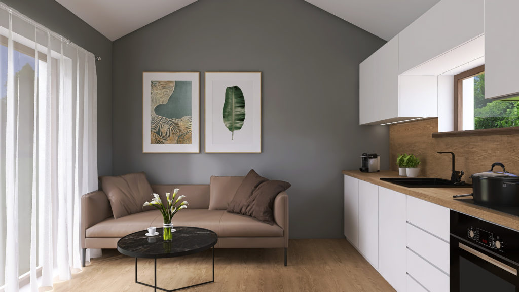 Dřevostavba Easy 32 obývací pokoj inspirace