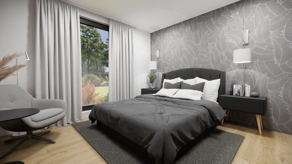 Dvougenerační dům EASY 75 se sedlovou střechou interiér moderní ložniceDvougenerační dům EASY 75 se sedlovou střechou interiér moderní ložnice