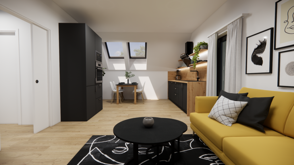 Dvougenerační dům EASY 75 se sedlovou střechou interiér obývací pokoj s moderní kuchyní